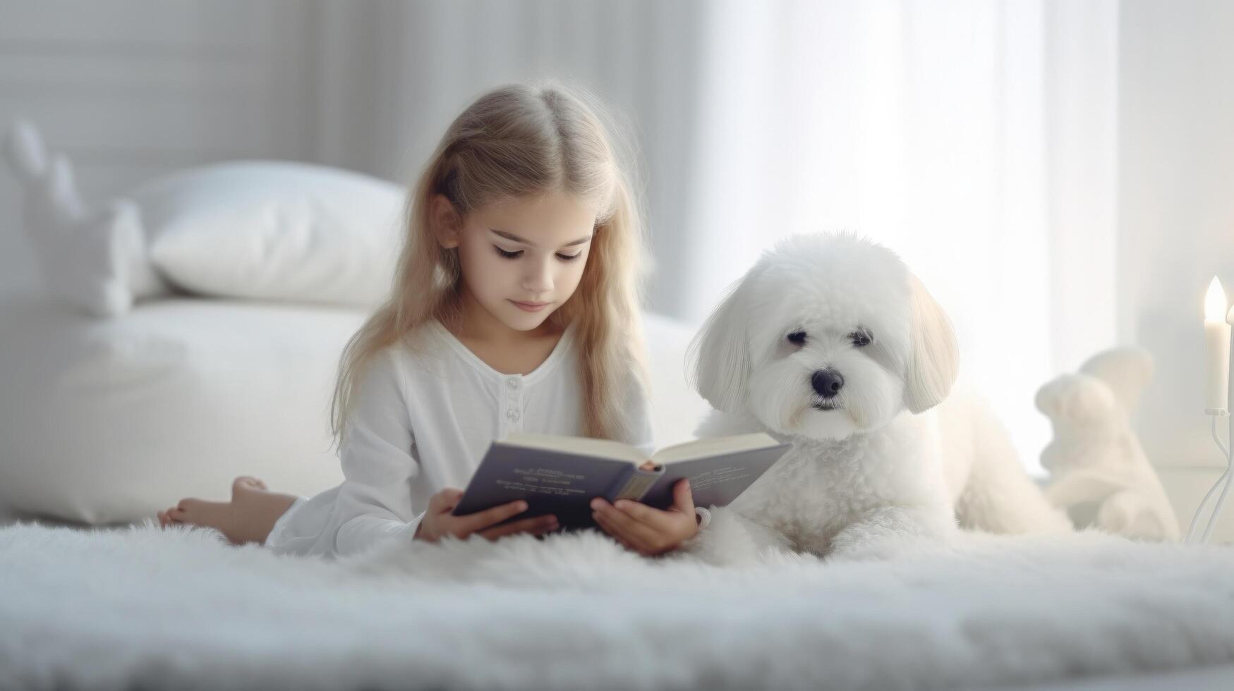 niño lee libro con perro. ilustración ai generativo foto