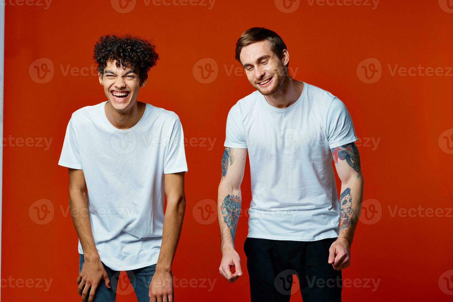 Two cheerful man friendship communication joy isolated background photo
