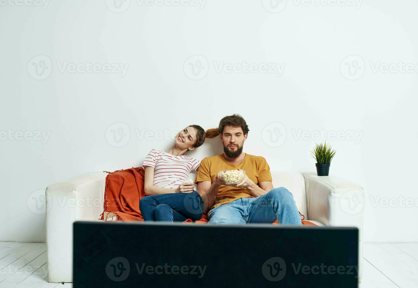 Watching TV married couple man and woman on the couch and a flower in a pot photo