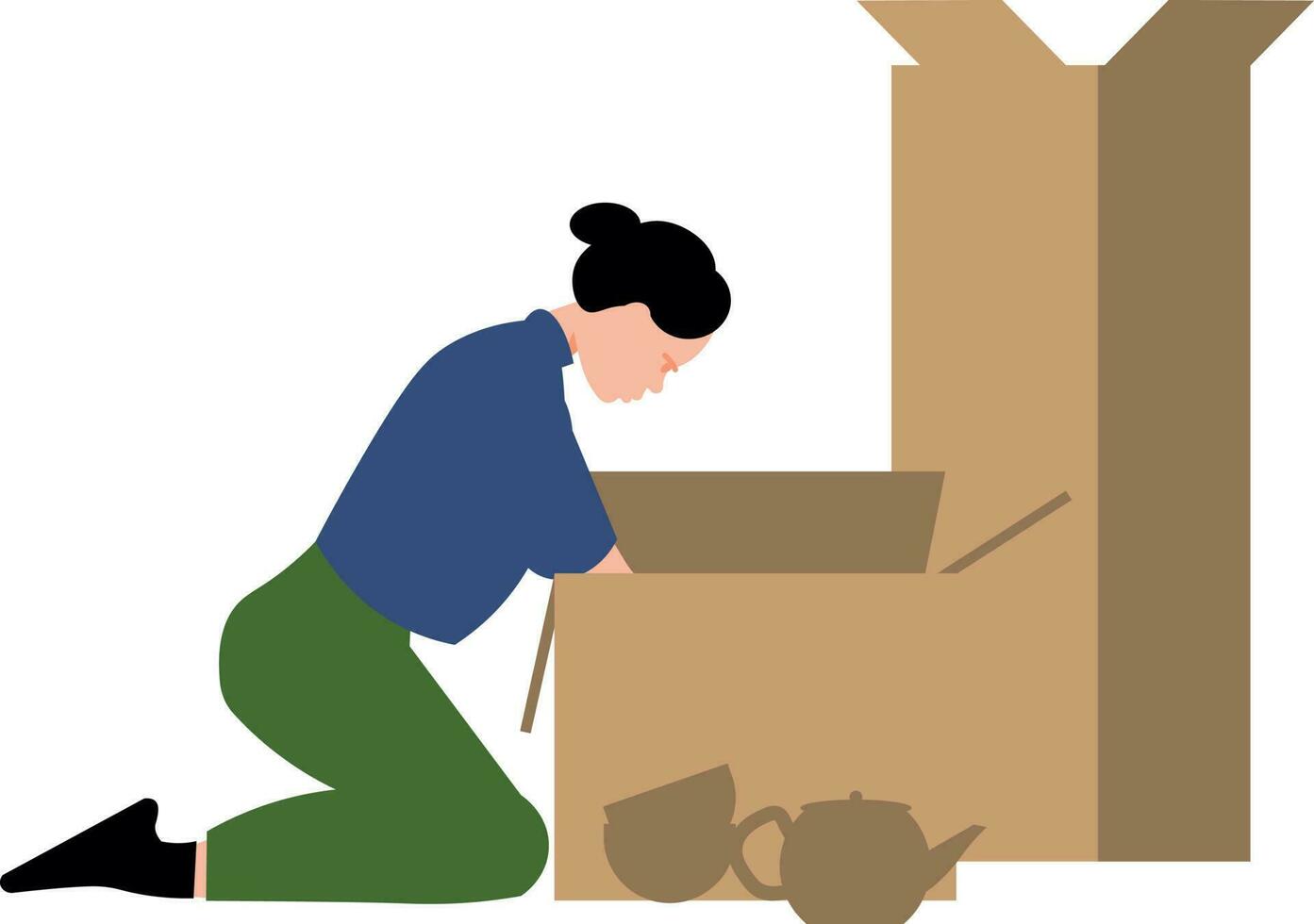 The girl is packing crockery into boxes. vector