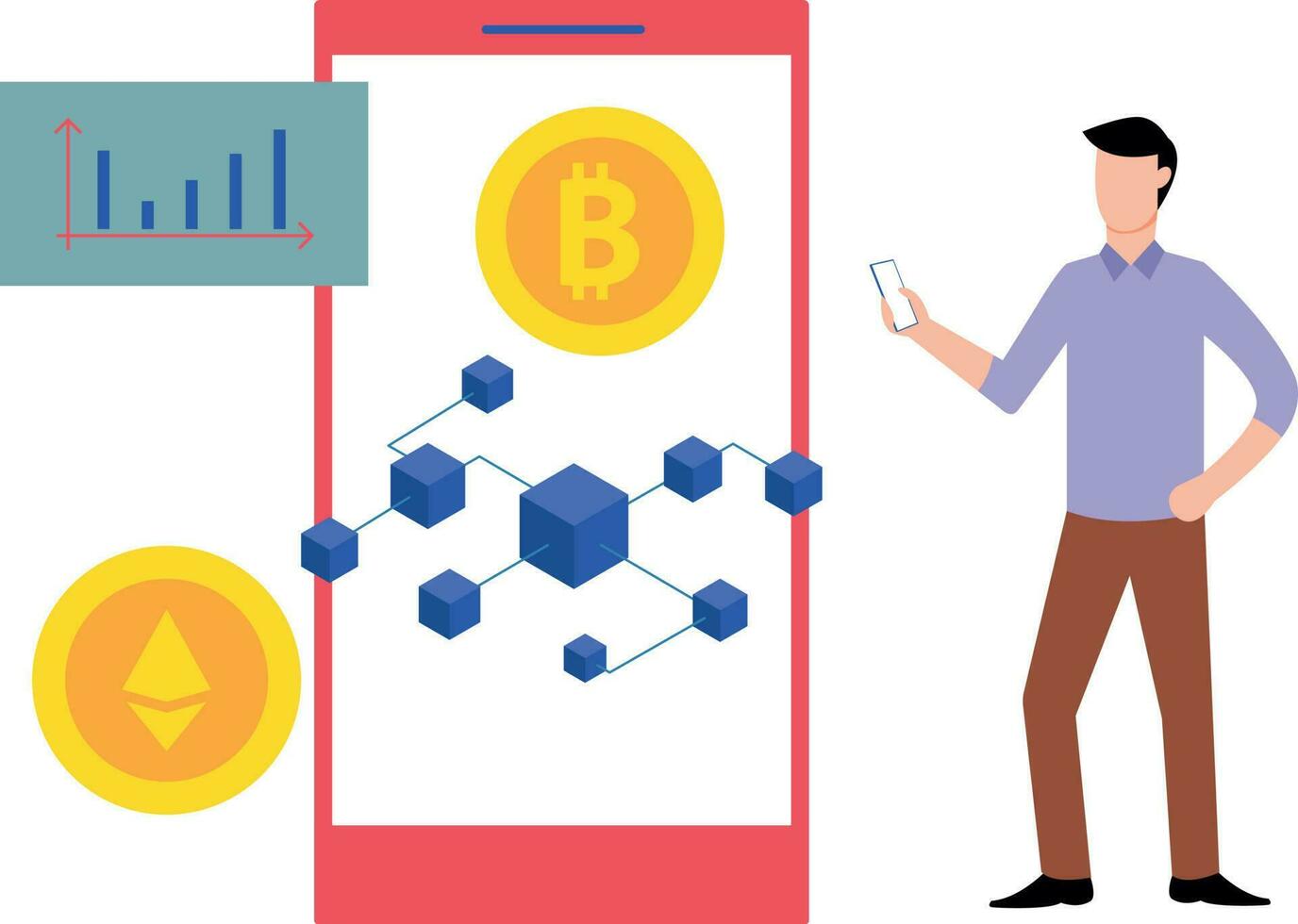 Boy looking at bitcoin blockchain. vector