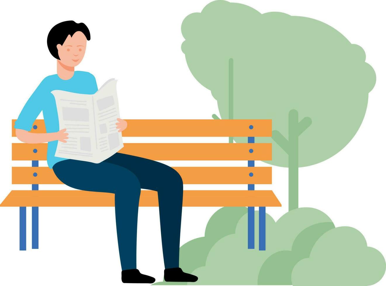 A boy is sitting on a park bench reading a newspaper. vector