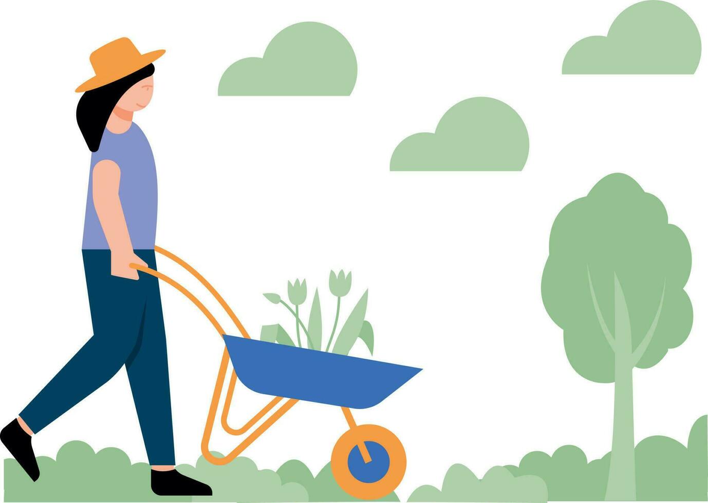 The girl is carrying a trolley of plants. vector