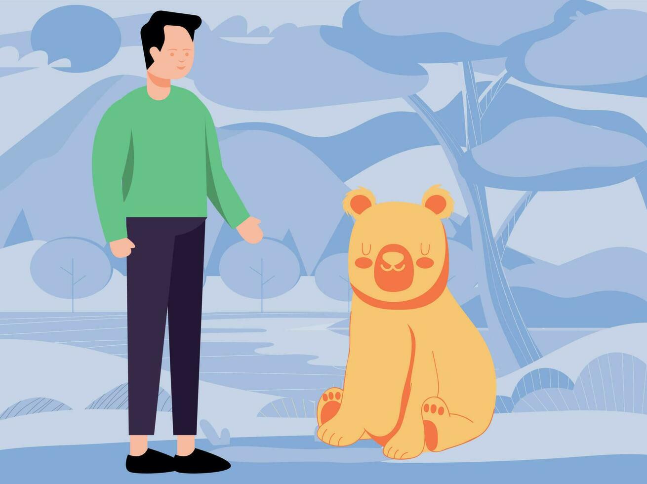 The boy is standing next to the bear. vector