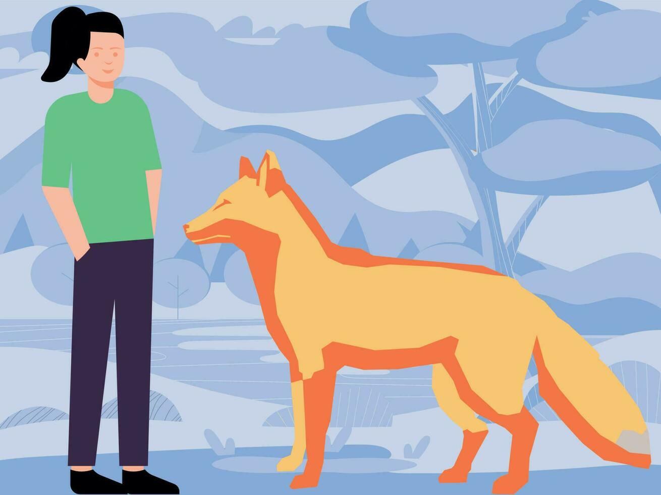 The girl is standing next to the fox. vector