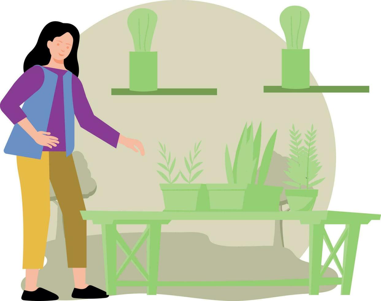 The girl is taking care of the plants. vector