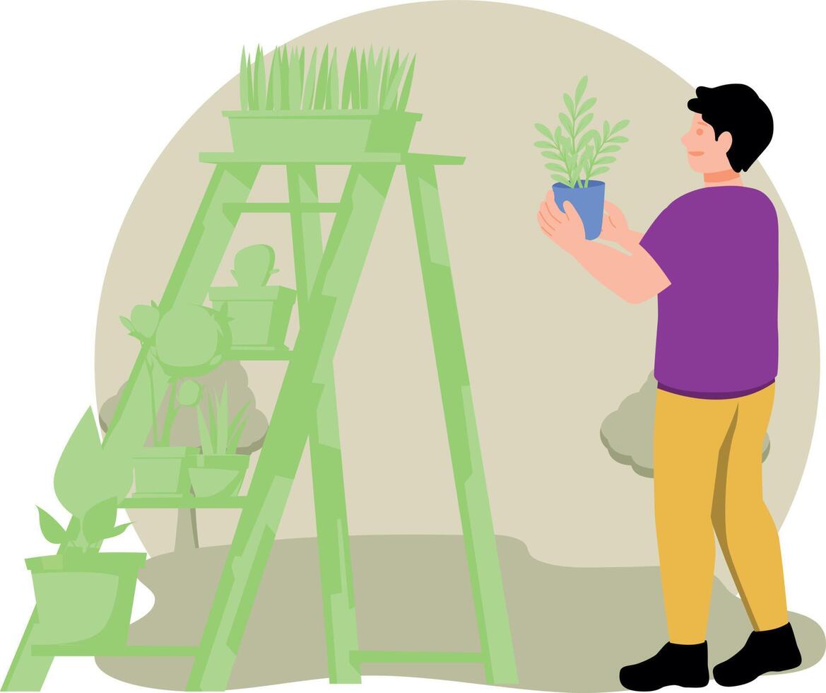 el chico es tomando cuidado de el plantas. vector