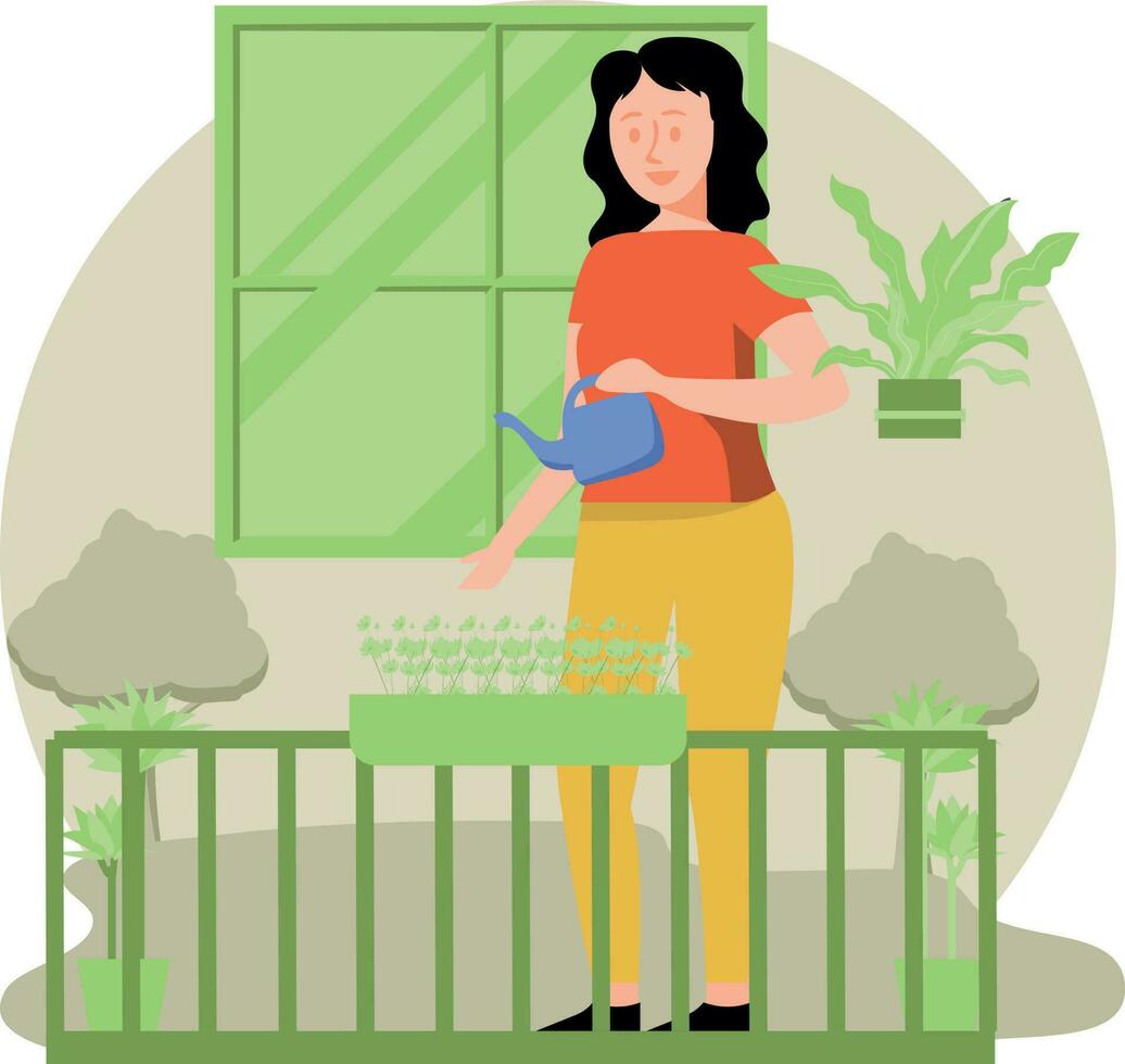 The girl is watering the plants. vector