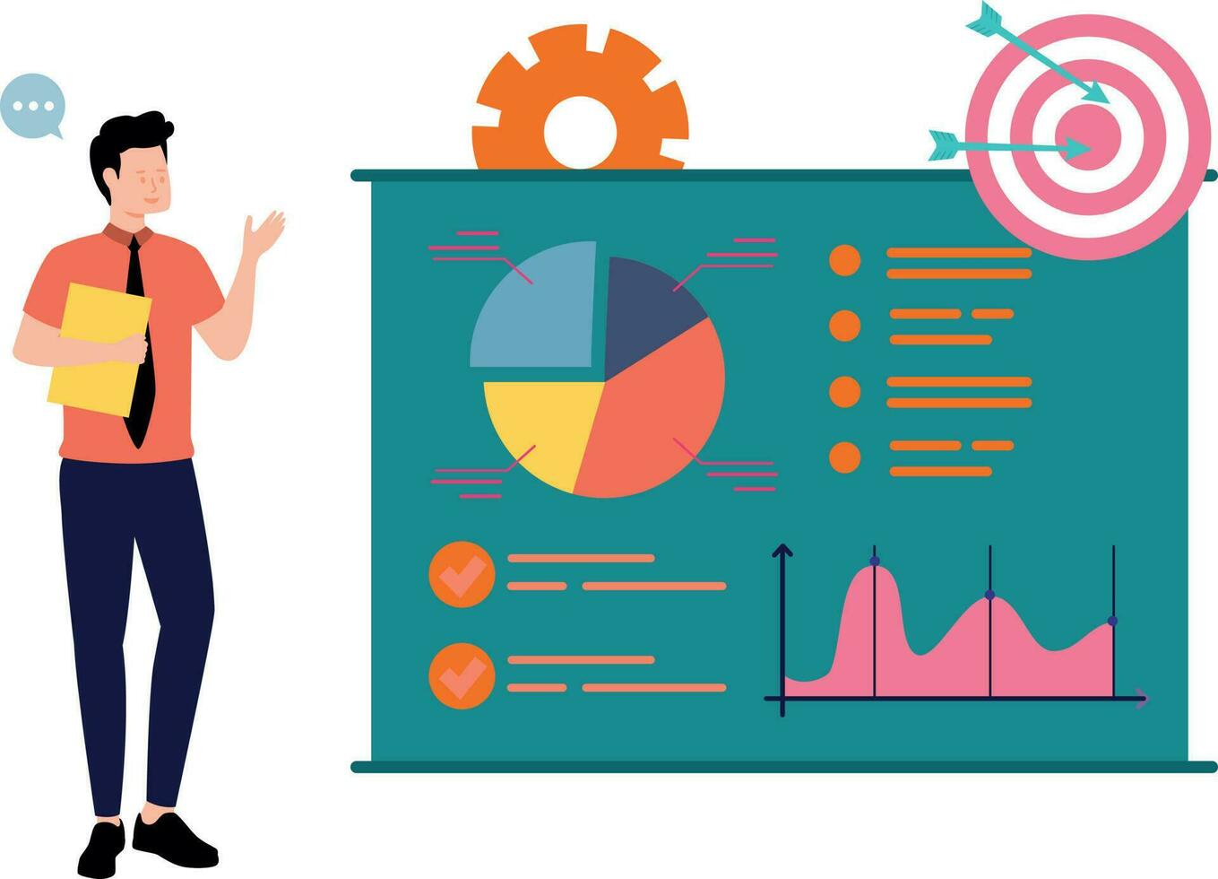 Boy working on graph chart target. vector