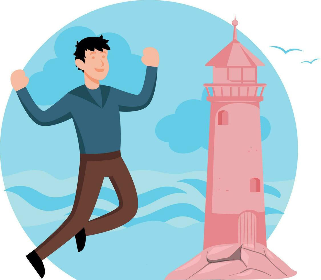 A boy looking at a lighthouse at sea. vector