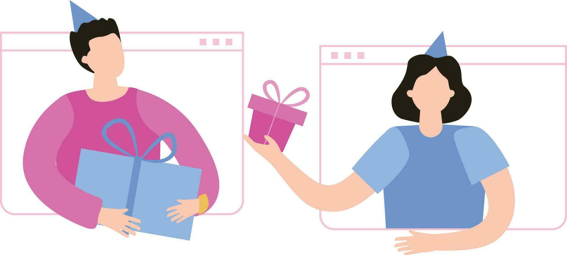A boy and a girl are giving gifts to each other. vector