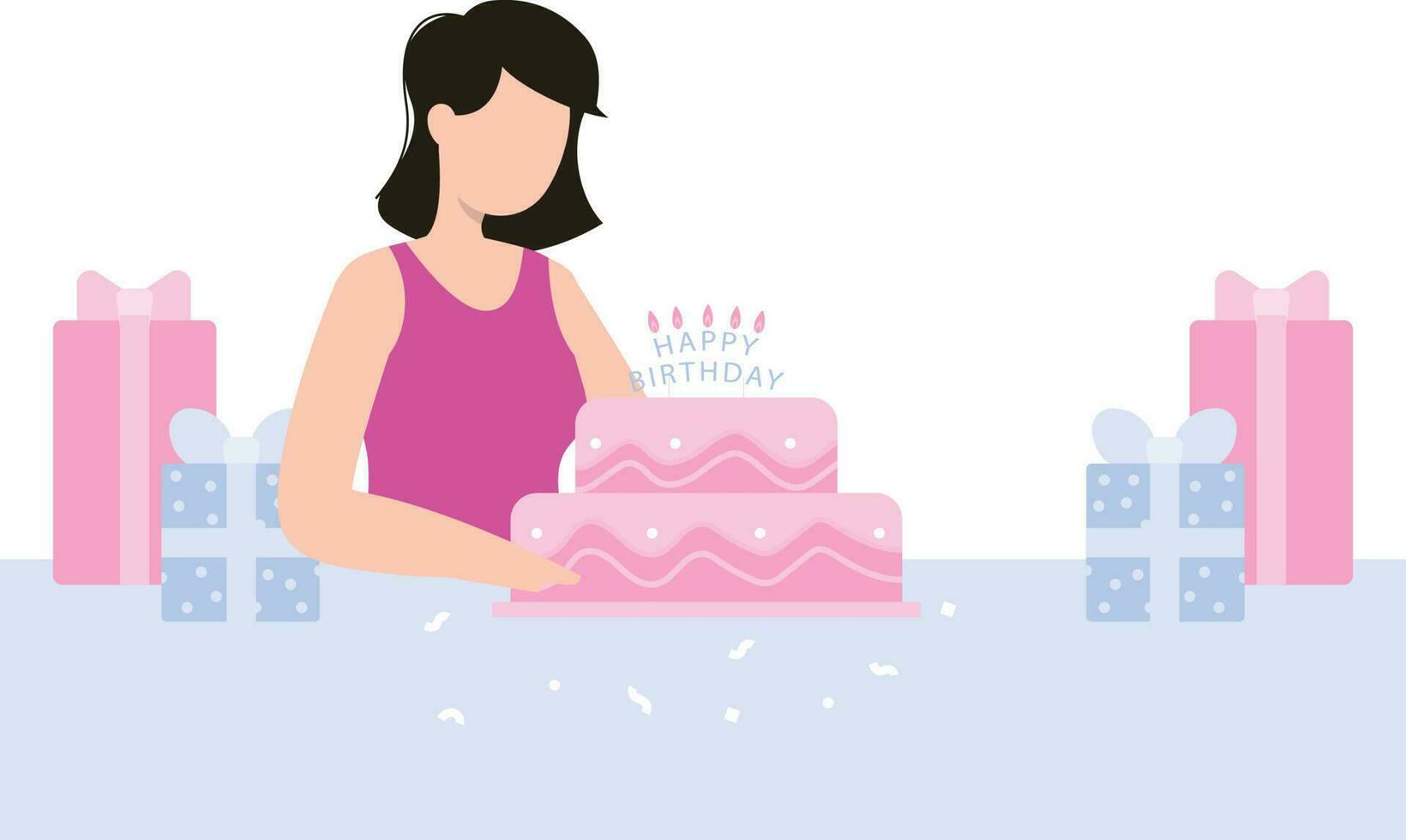 The girl is sitting with a cake. vector