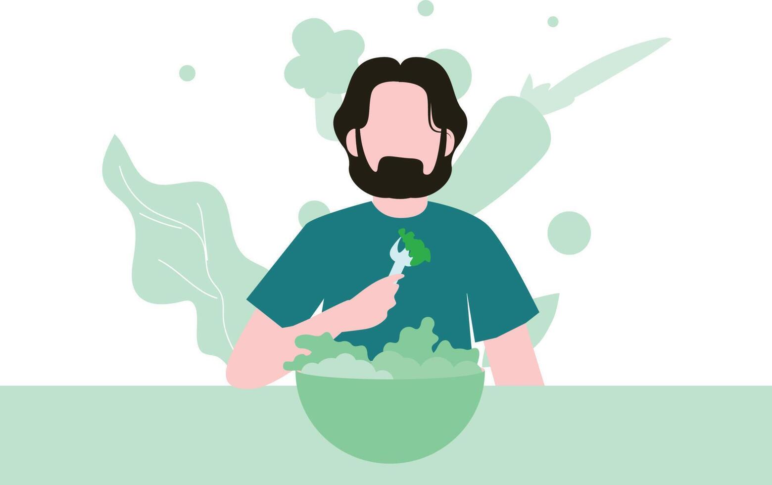 The boy is eating a salad. vector