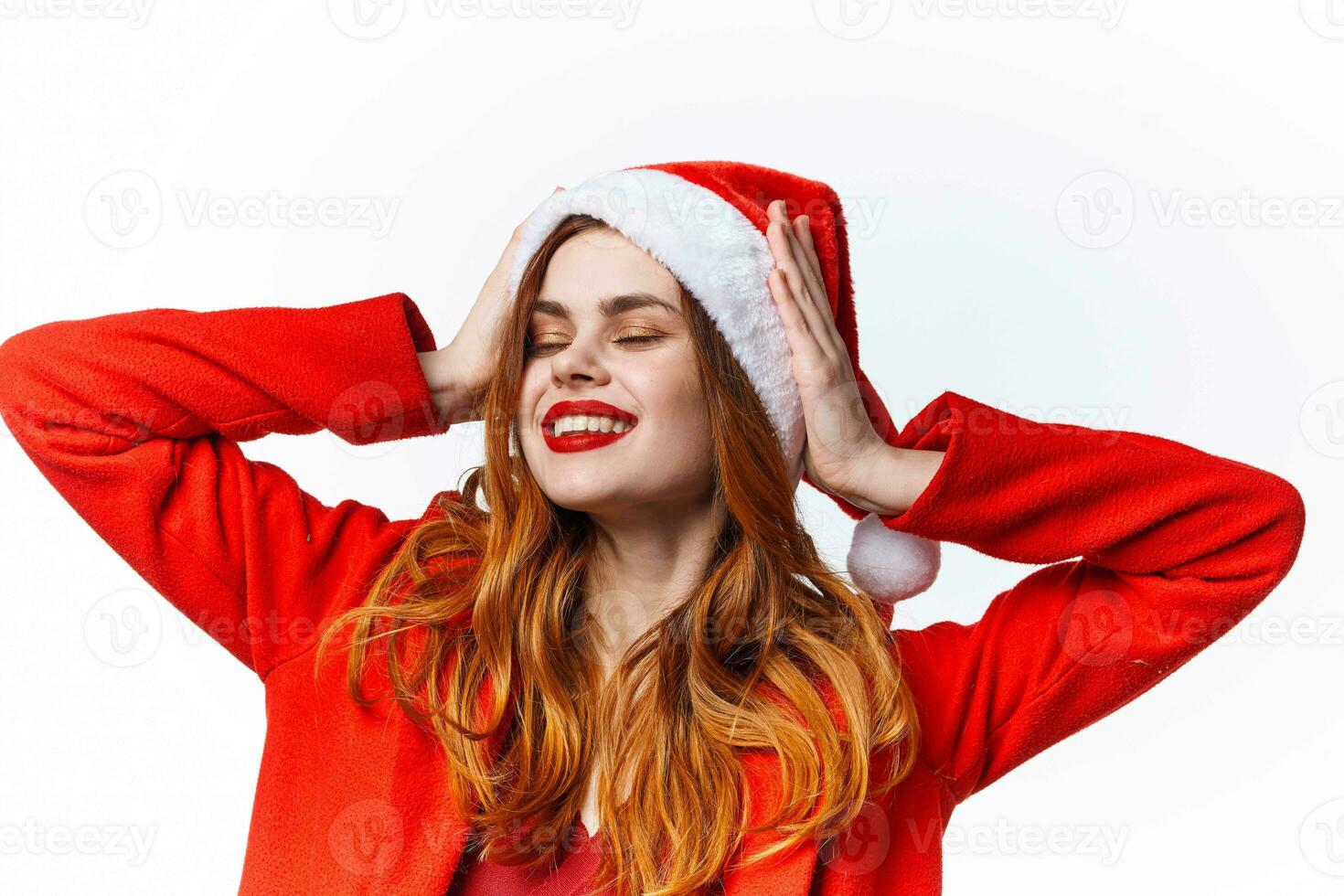 woman wearing santa claus costume basing glamor fashion studio photo