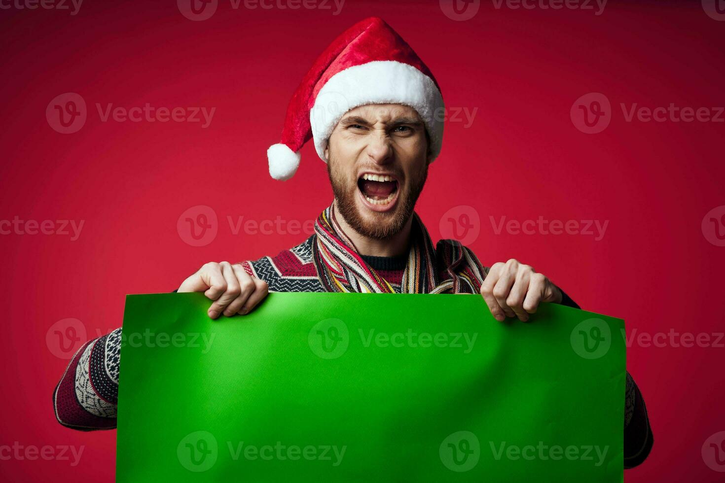 man wearing new year clothes green poster decoration isolated background mockup photo