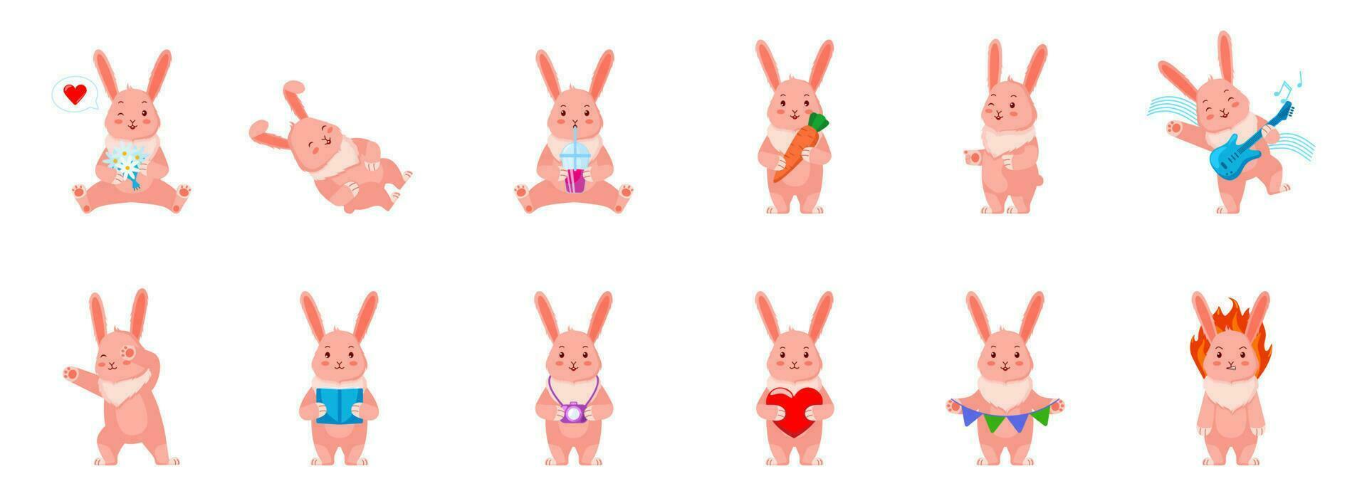 Collection of cute rabbit. Cartoon hare character design set. Bunny in various poses and emotions vector