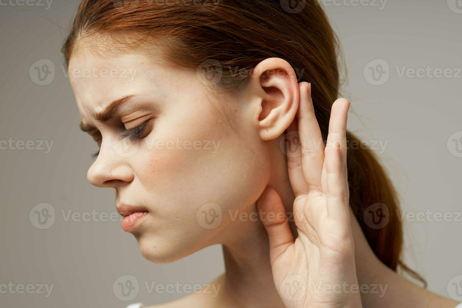 woman ear pain otitis media health problems infection light background photo