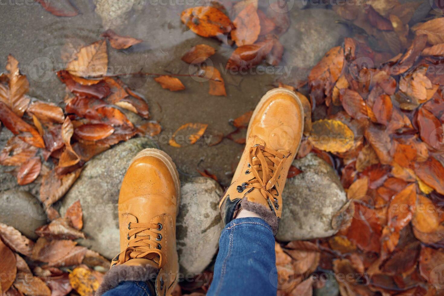 female feet on stones fallen autumn leaves top view photo