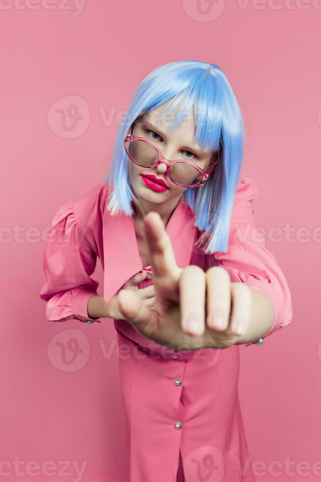 woman bright makeup fashion sunglasses pink background photo