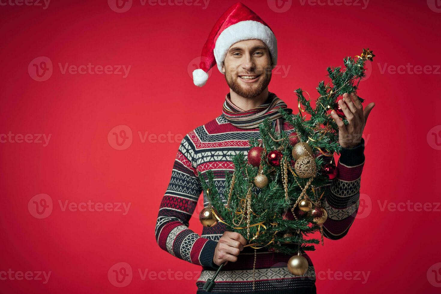 hombre con Navidad árbol en manos juguetes decoración fiesta nuevo año foto