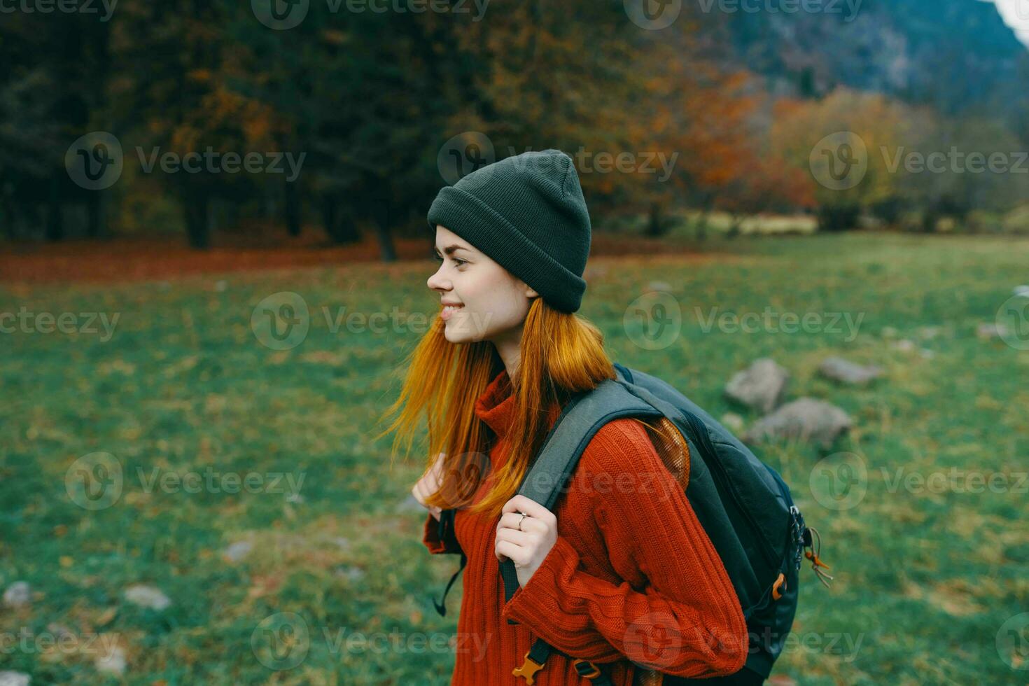 woman hiker travel forest autumn walk active leisure photo
