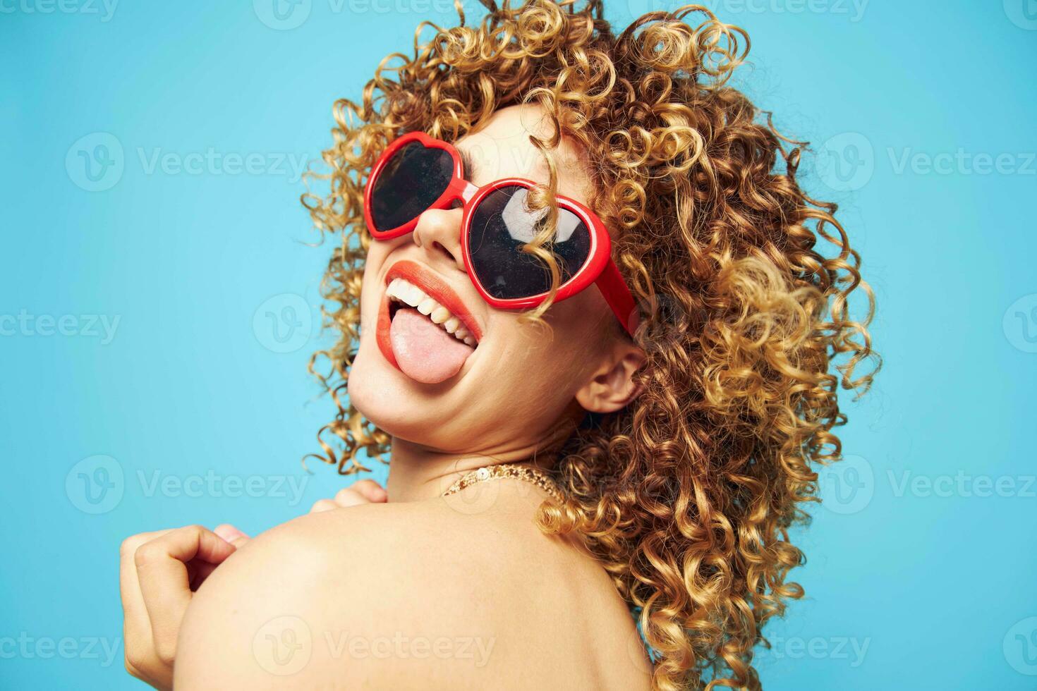 Attractive lady expression of feelings cropped view, red sunglasses photo