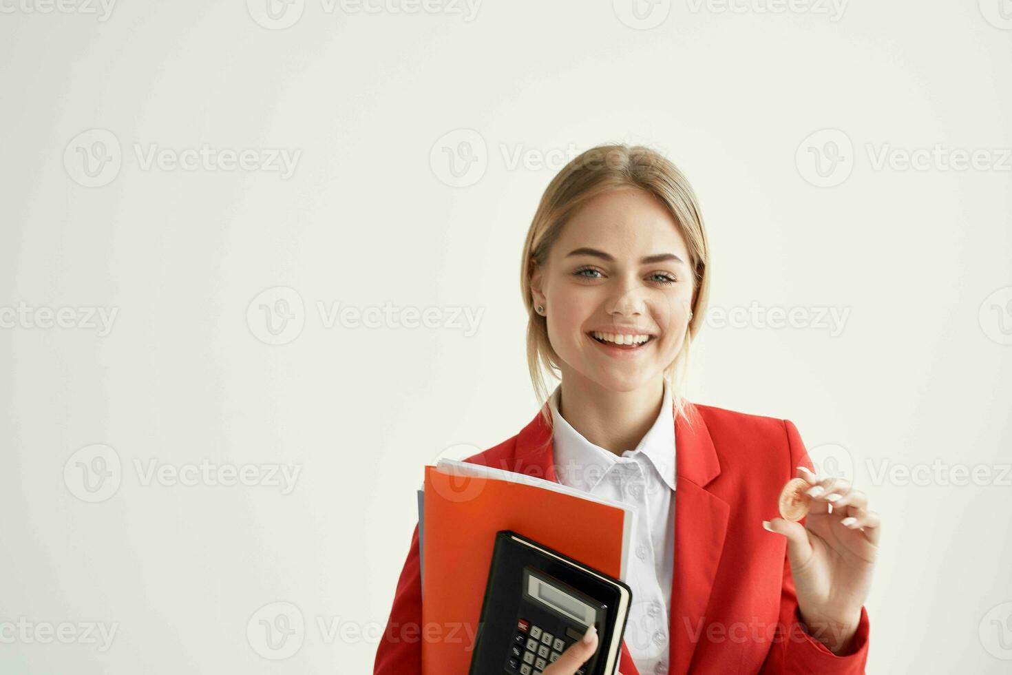 financier Red jacket virtual money economy light background photo