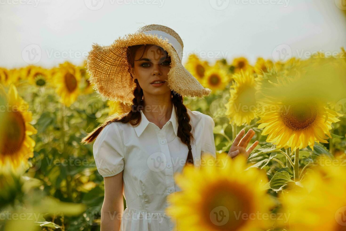 mujer retrato en un sombrero en un campo de girasoles verano hora foto