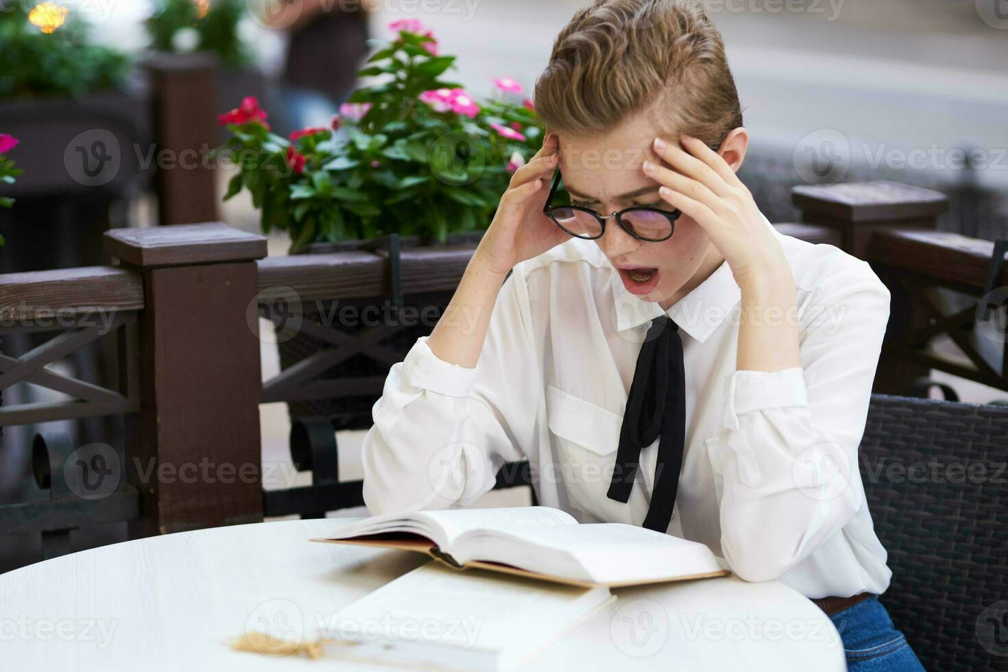female in a summer cafe outdoors rest fun walking around town Lifestyle photo