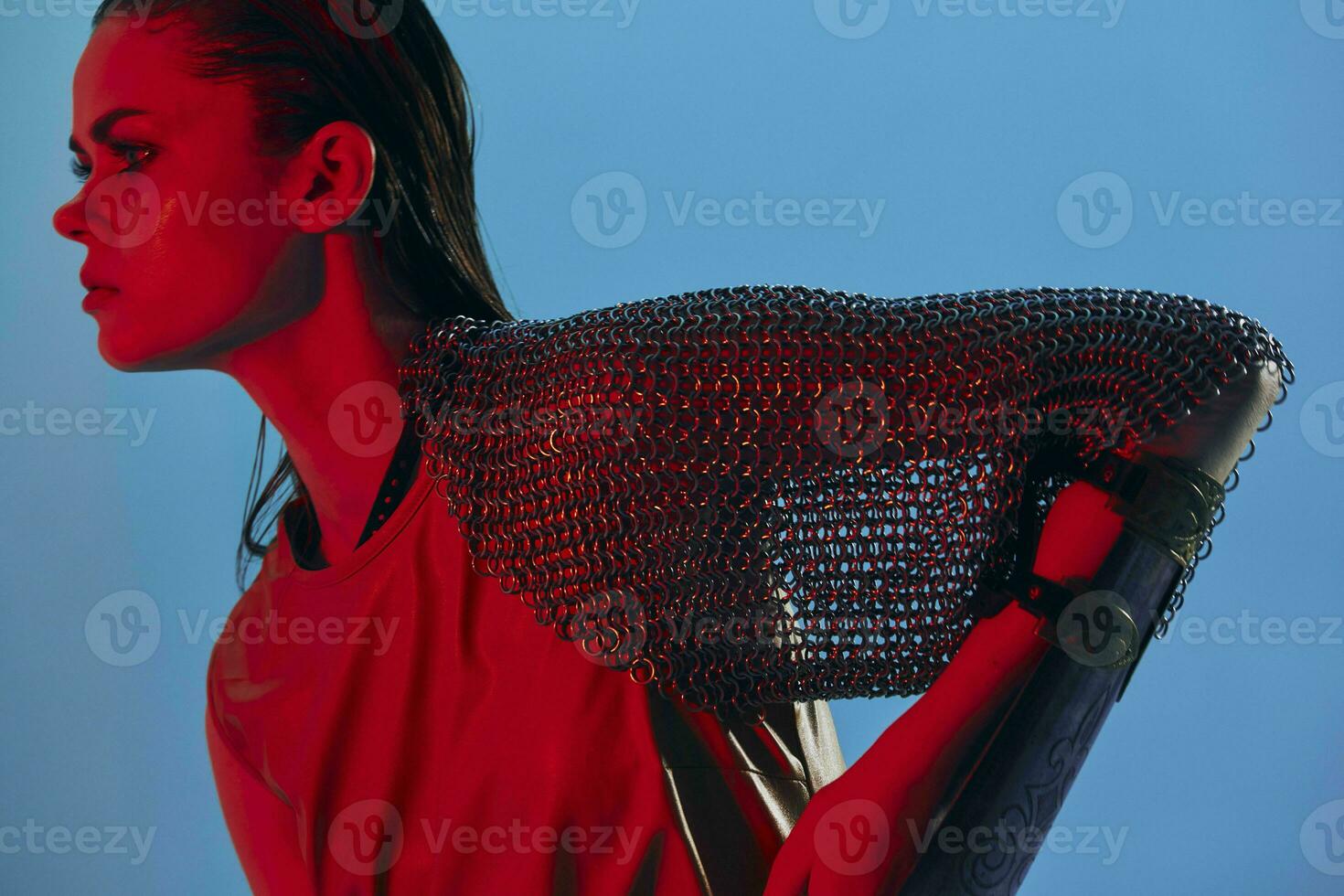 attractive woman in dress arm in armor chain mail protection unaltered photo