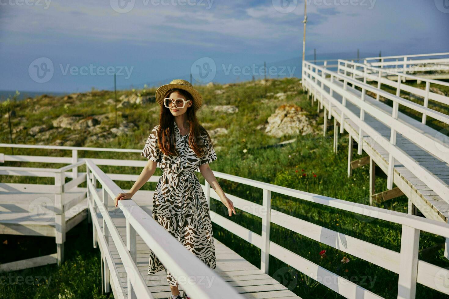 portrait of a woman stroll outdoors recreation landscape Happy female relaxing photo