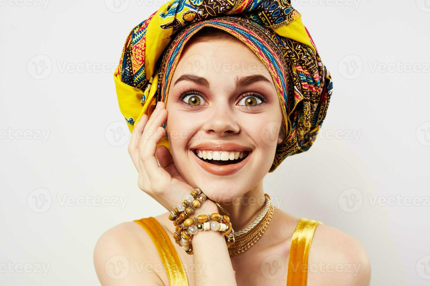 joyful woman multicolored turbans home decoration fashion photo