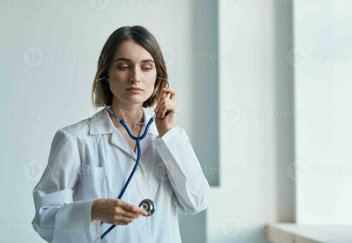 Housing construction medical gown woman Doctor stethoscope medicine laboratory interior window photo