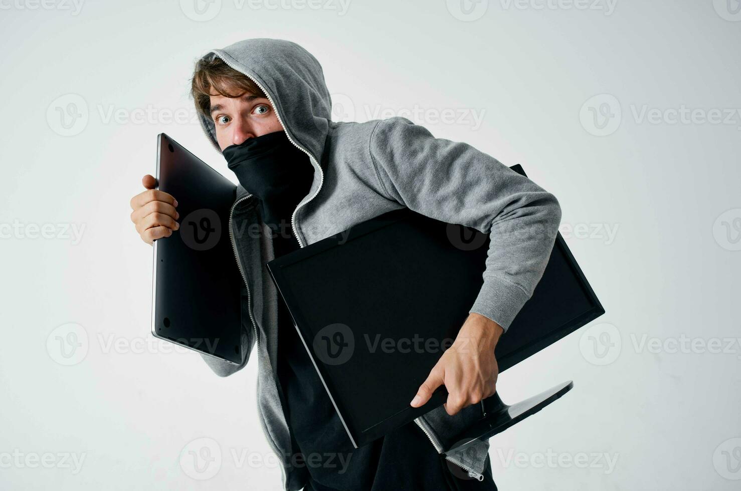 hacker hooded head hacking technology security isolated background photo