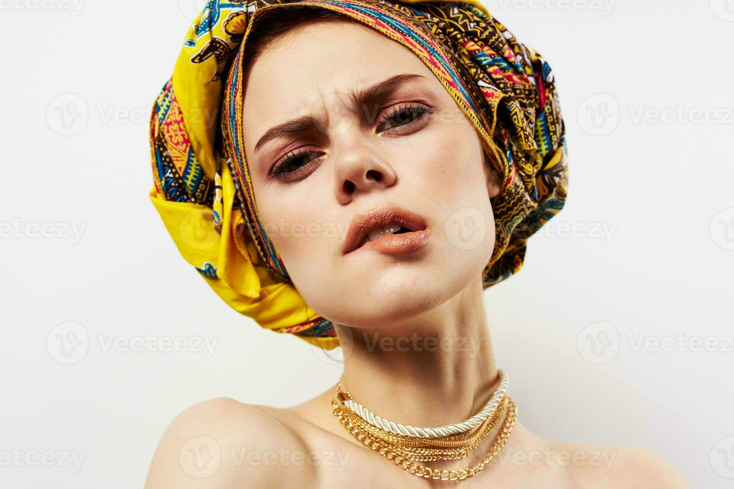 pretty woman multicolored turban decoration fashion ethnicity photo