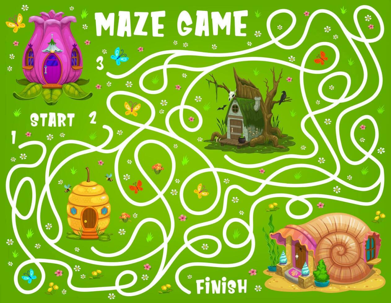 Kids labyrinth maze, cartoon flower bud, beehive vector