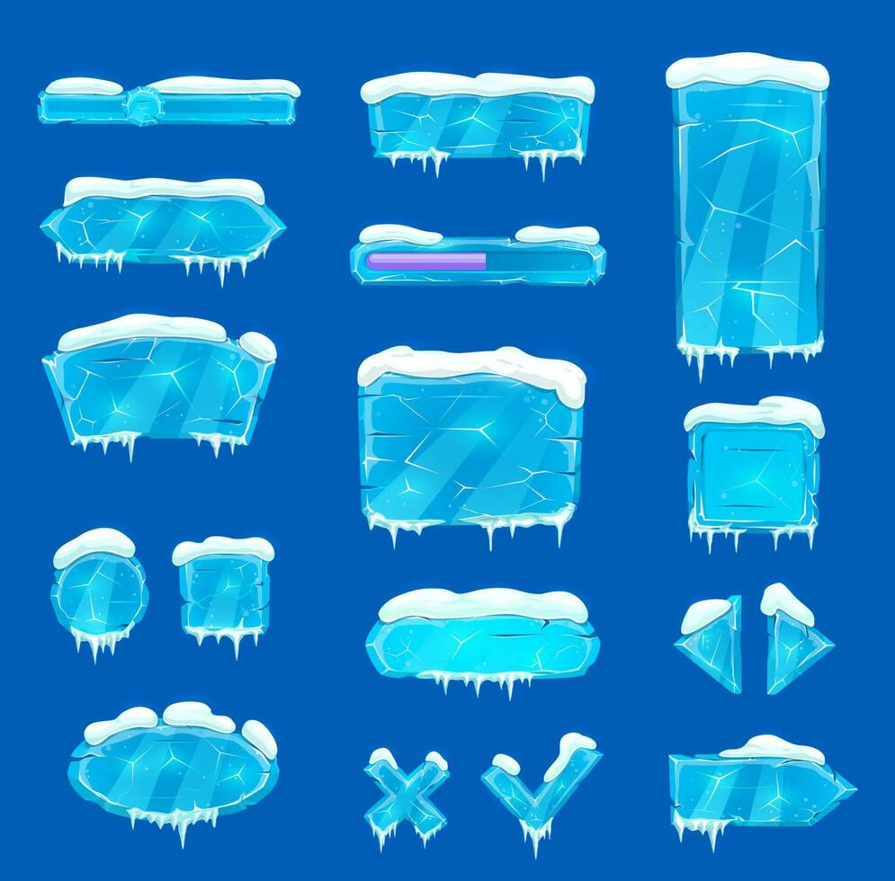 Blue ice crystal buttons, sliders, arrows and keys vector