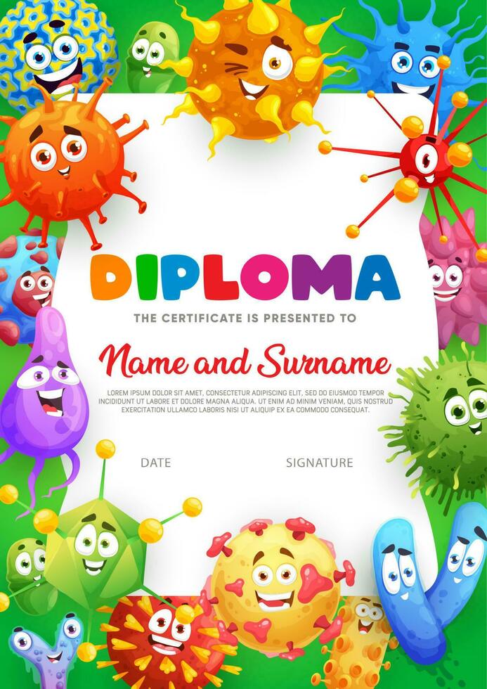 Diploma certificate, cartoon funny microbes, virus vector