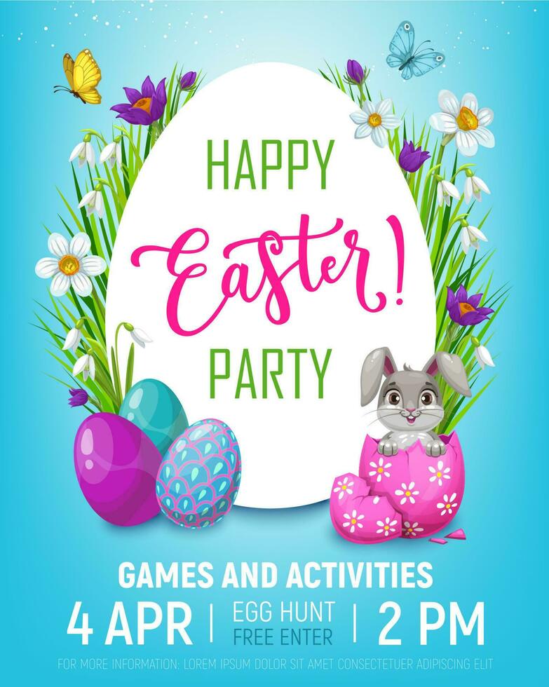 Happy Easter egg hunt kid party, bunny in egg vector