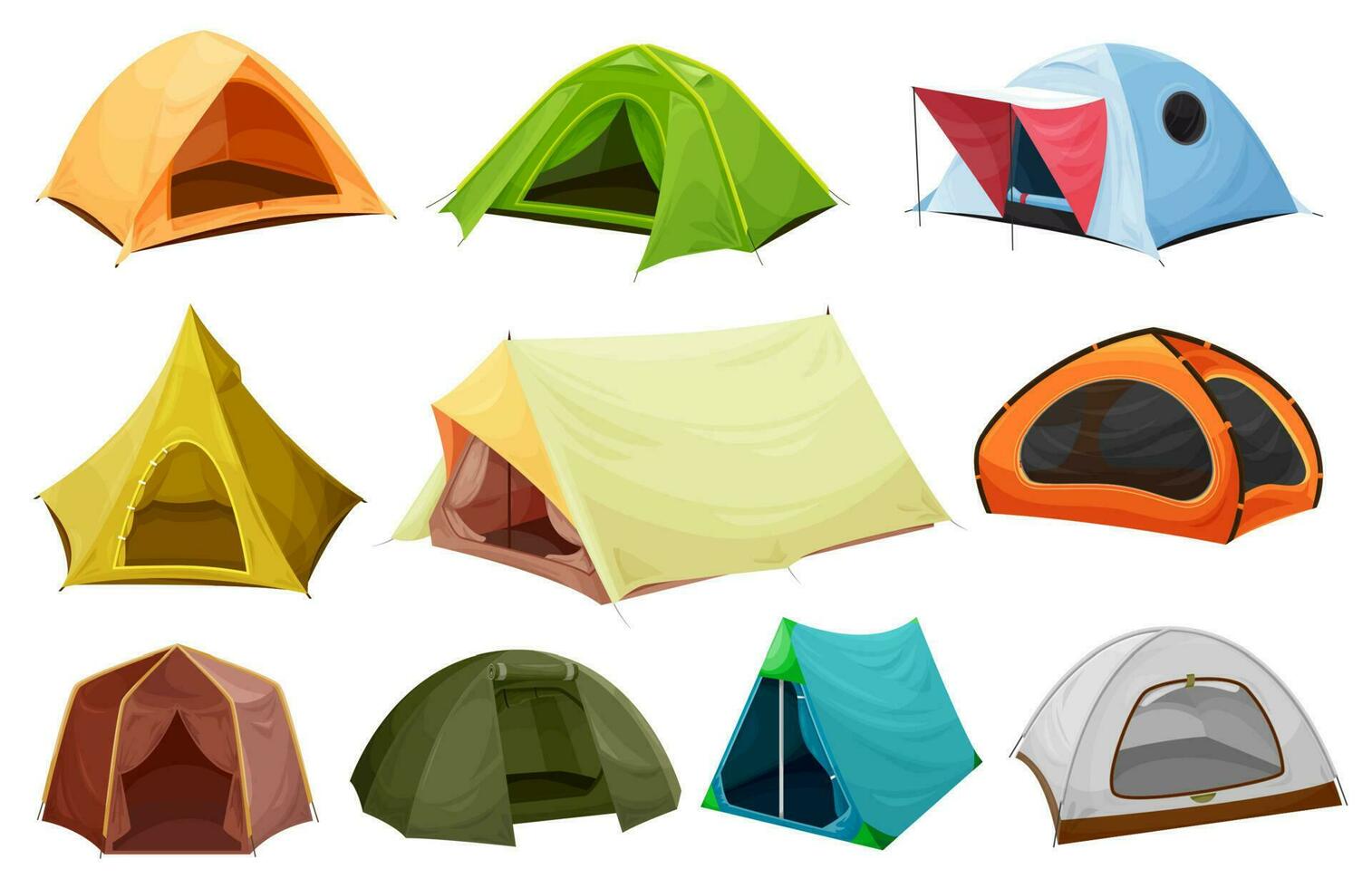 Camping tent isolated icons of tourist equipment vector