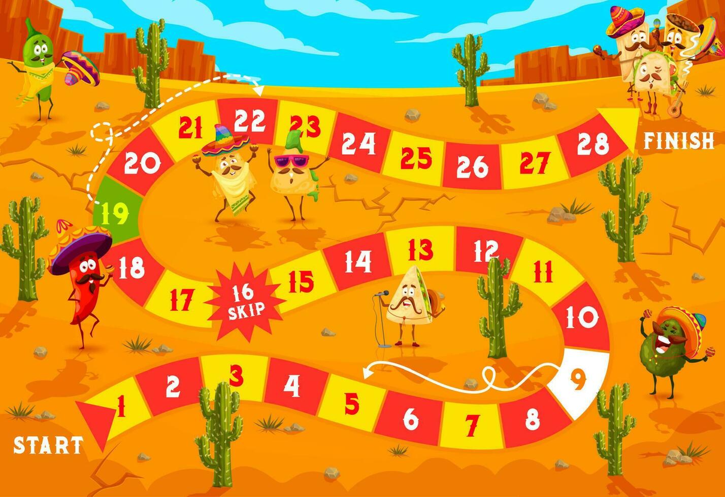 Kids board game cartoon mexican food characters vector
