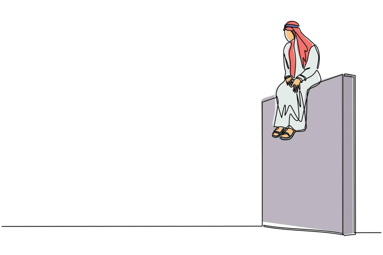 Continuous one line drawing Arab businessman sad sitting on wall thinking of profit loss, crisis and financial losses in the trading market. Evaluation business concept. Single line draw design vector