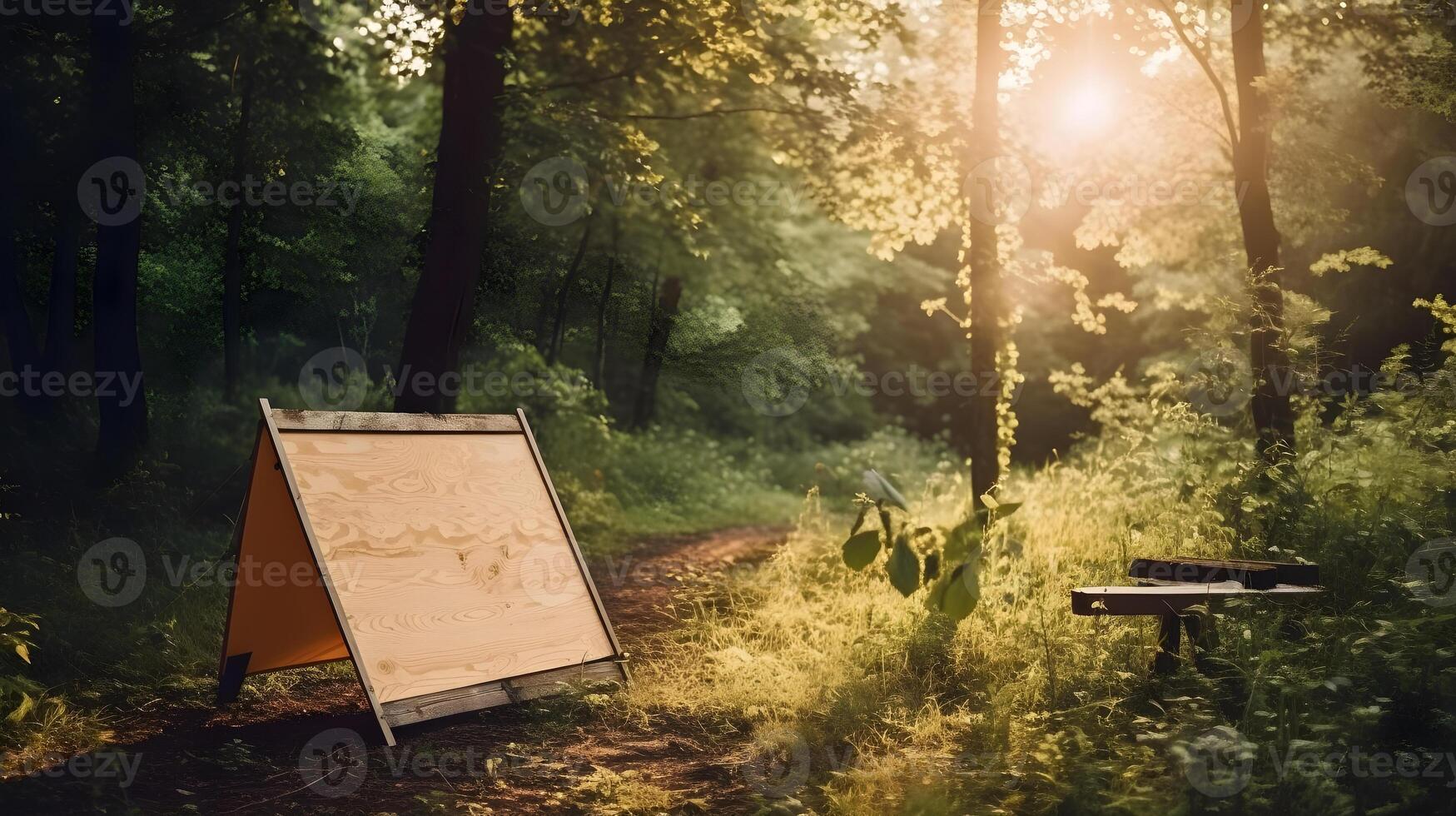 empty wooden plank on edge of forest on summer , photo