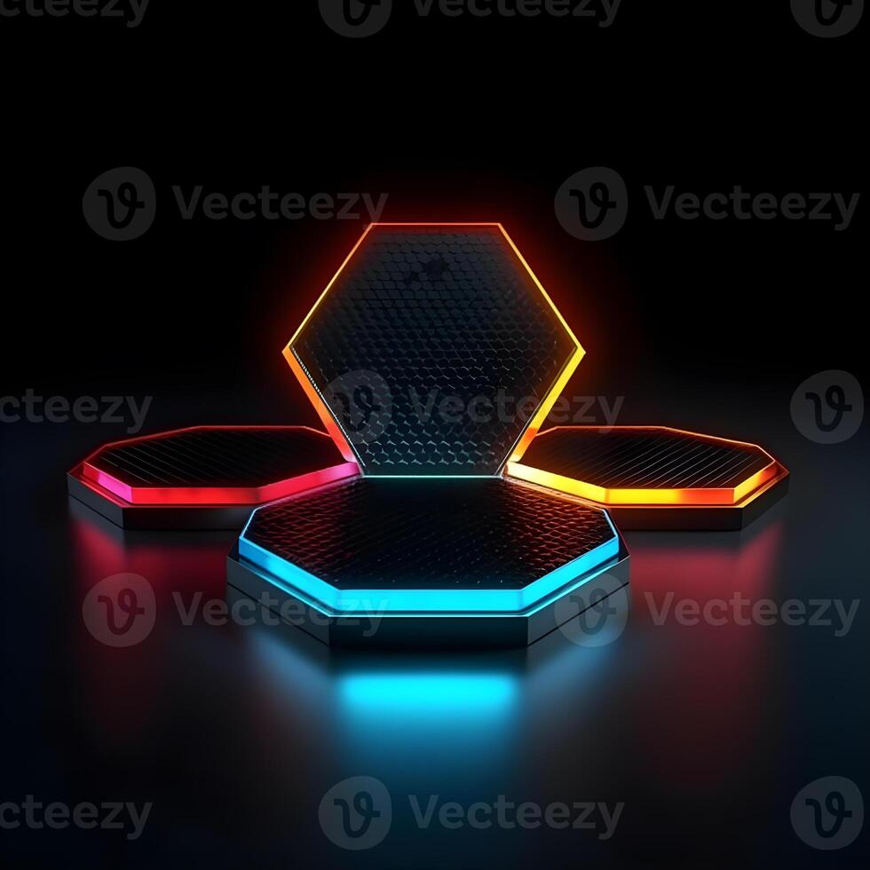 3d futuristic hexagonal stage with neon effect , photo