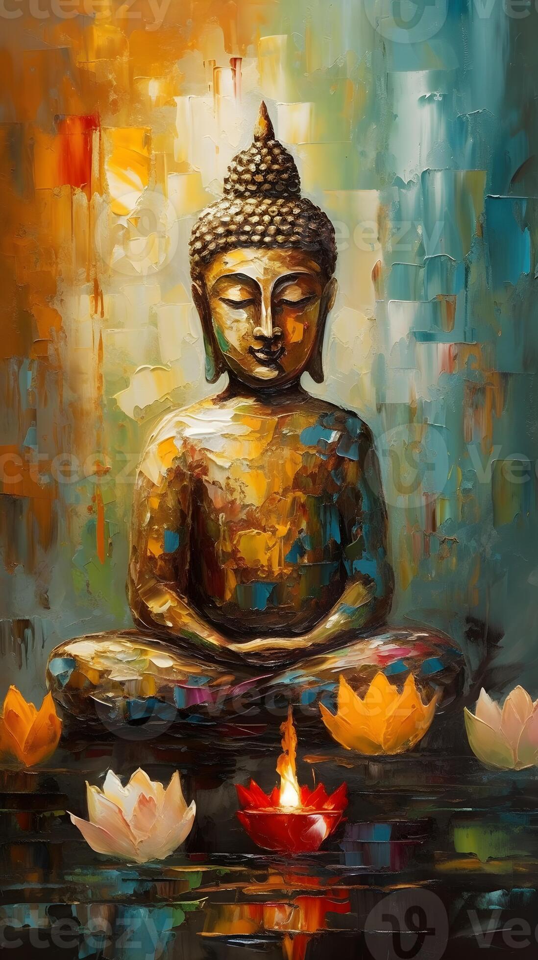 oil painting of buddha statue with lotus flower and candle ornament