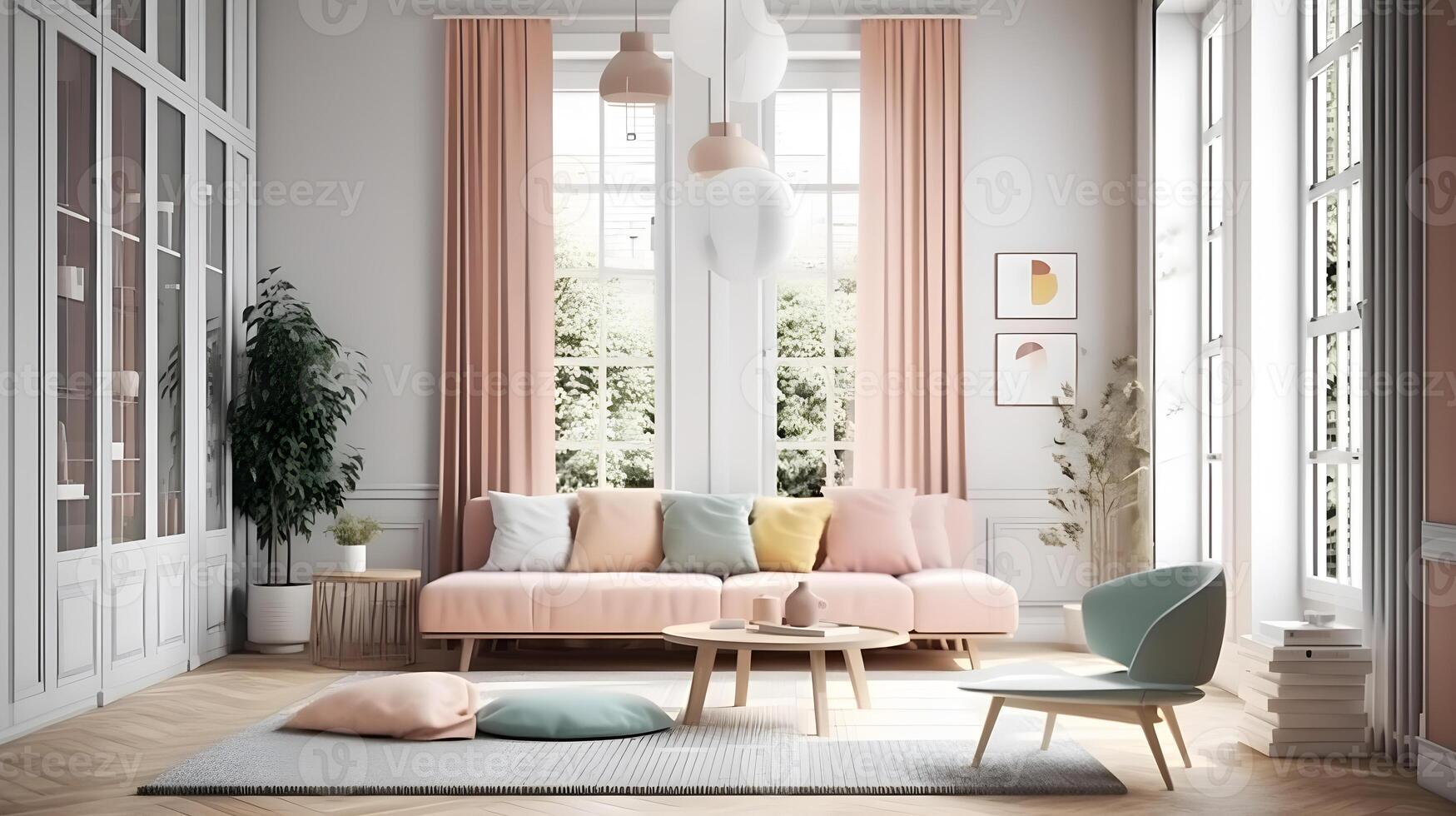 Modern minimalist living room interior, soft pastel aesthetic living room , photo