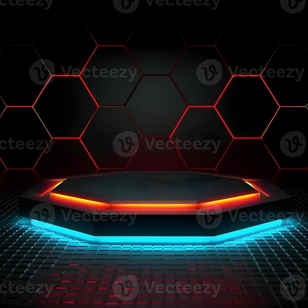 3d futuristic hexagonal stage with neon effect , photo