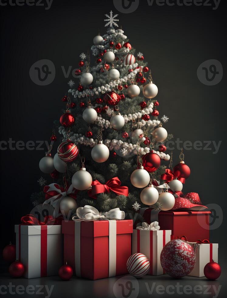 christmas tree in dark background with pile of gifts box photo
