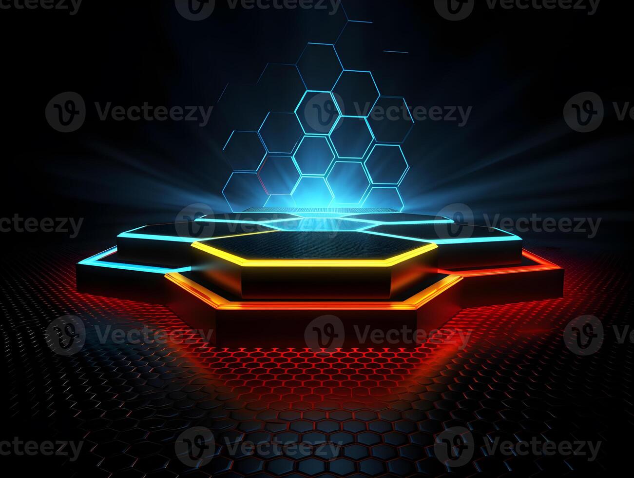 3d futuristic hexagonal stage with neon effect , photo