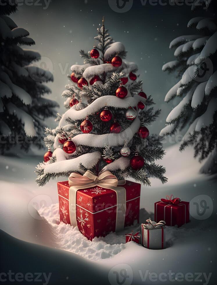 christmas tree in snow background with pile of gifts box photo